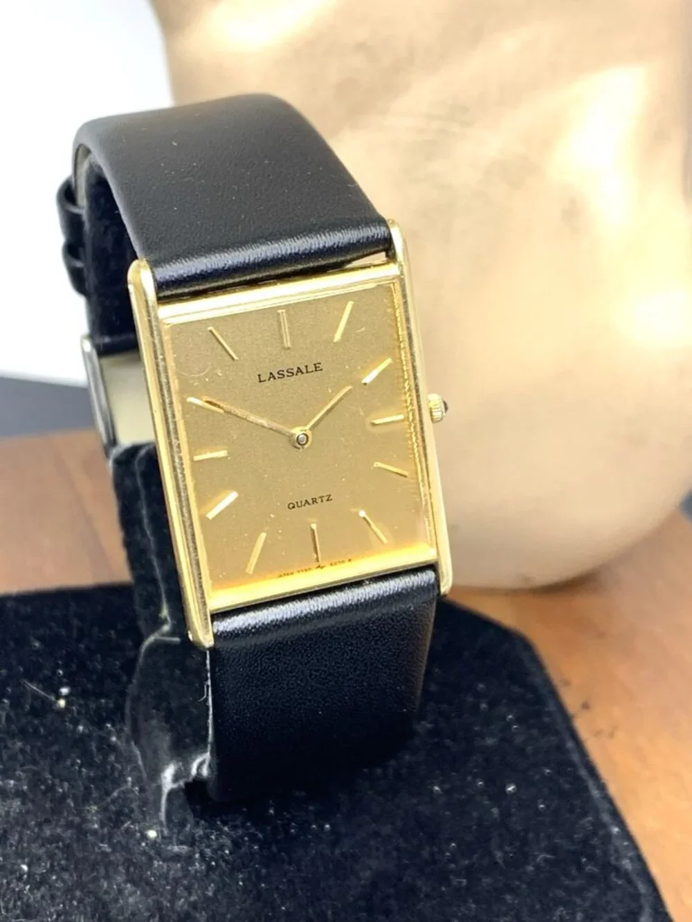Lassale By Seiko Watch 7730-5059 Quartz Tank Gold Dial Black Leather Strap 23mm